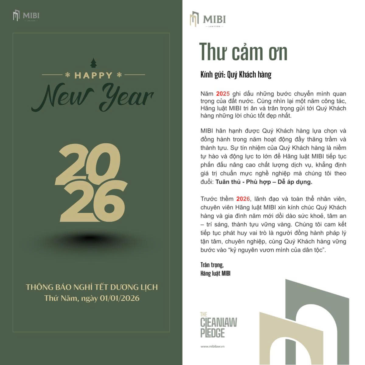 Thông báo nghỉ Tết dương lịch năm 2026 của Hãng luật MIBI